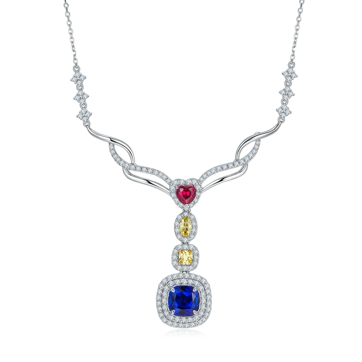 P0864 Cushion Lab-Grown Gemstone S925 White-Gold-Plated Silver Necklace 2.96CT