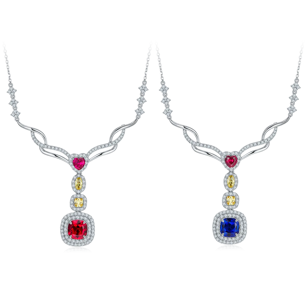 P0864 Cushion Lab-Grown Gemstone S925 White-Gold-Plated Silver Necklace 2.96CT