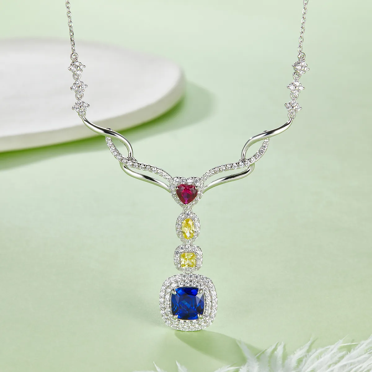 P0864 Cushion Lab-Grown Gemstone S925 White-Gold-Plated Silver Necklace 2.96CT
