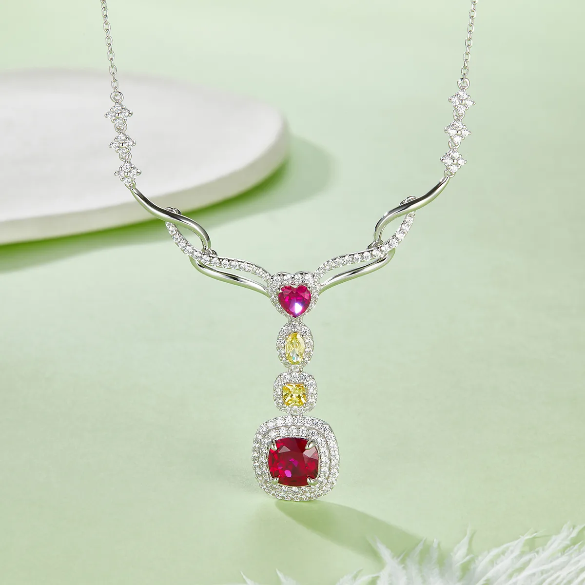 P0864 Cushion Lab-Grown Gemstone S925 White-Gold-Plated Silver Necklace 2.96CT
