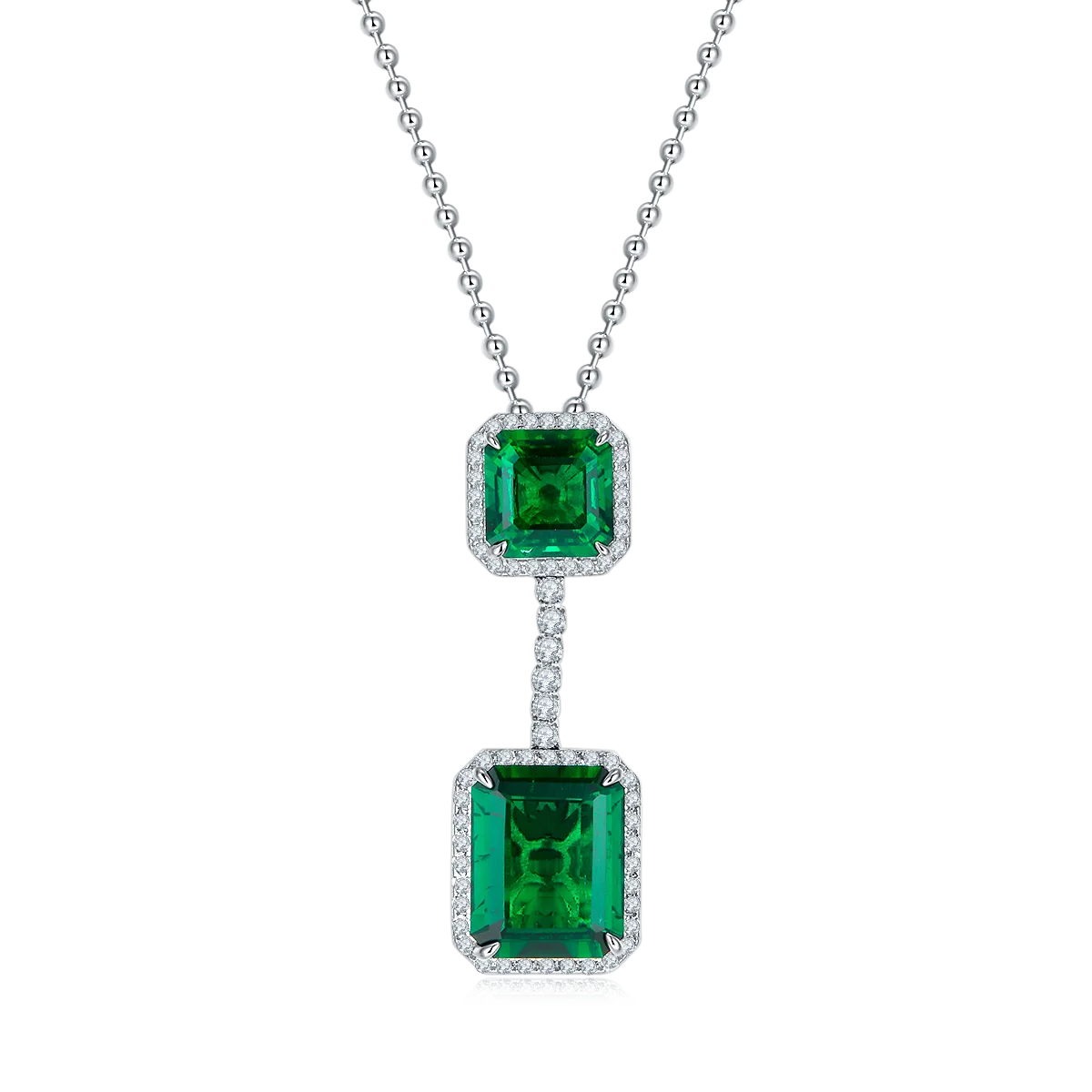 P1411-1 Rectangle Lab-Grown Emerald S925 White-Gold-Plated Silver Necklace 12.7CT