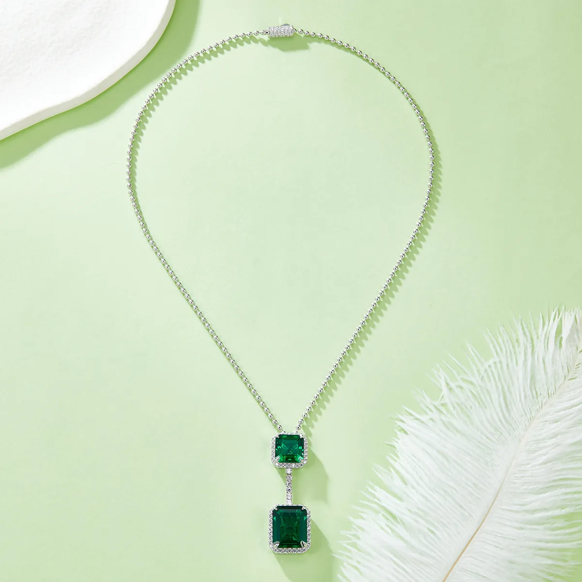P1411-1 Rectangle Lab-Grown Emerald S925 White-Gold-Plated Silver Necklace 12.7CT
