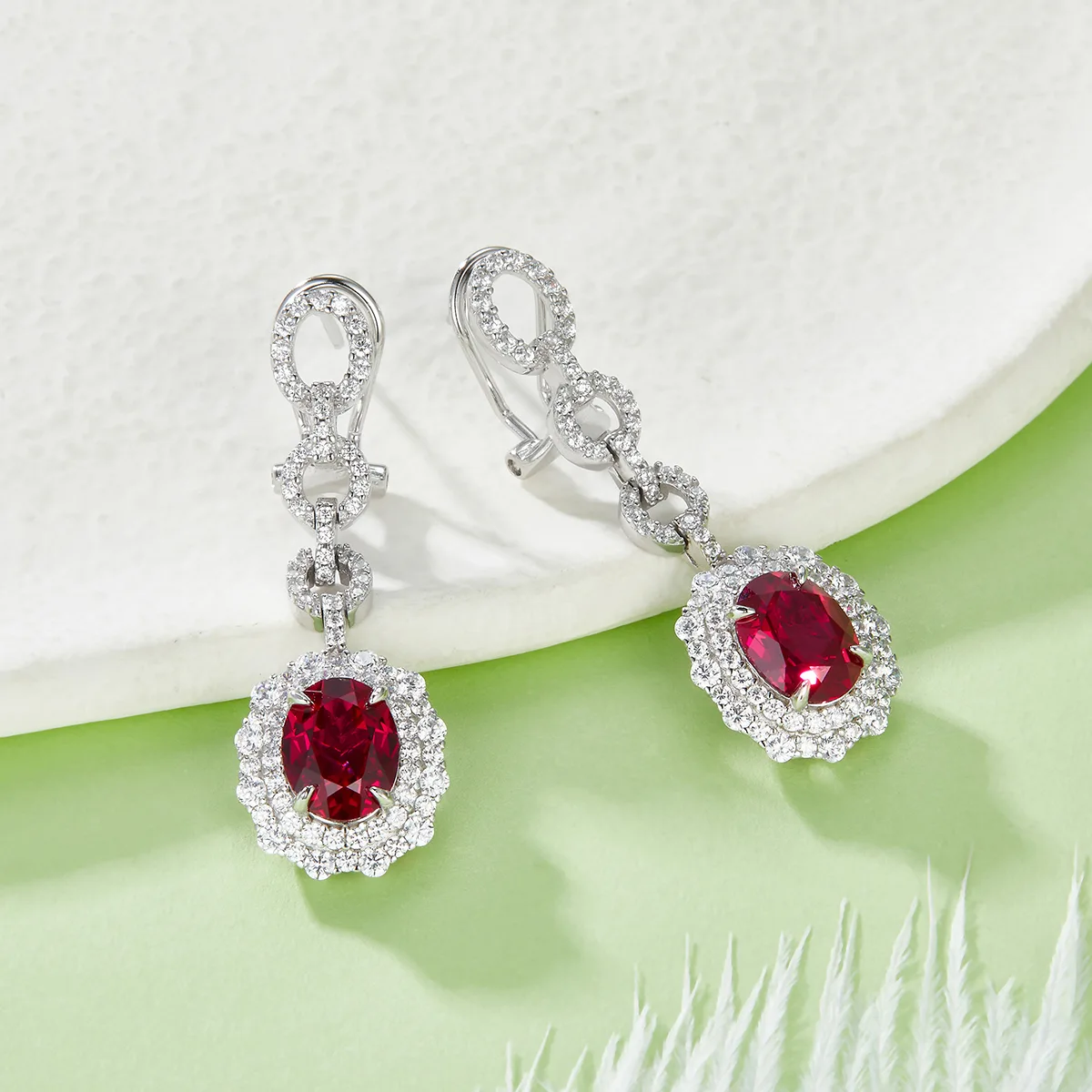 E202320 Oval Lab-Grown Gemstone S925 White-Gold-Plated Silver Earrings 4.0CT