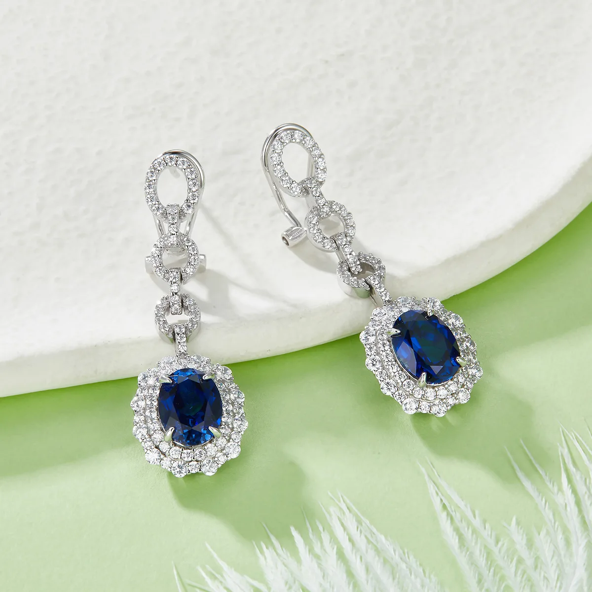 E202320 Oval Lab-Grown Gemstone S925 White-Gold-Plated Silver Earrings 4.0CT