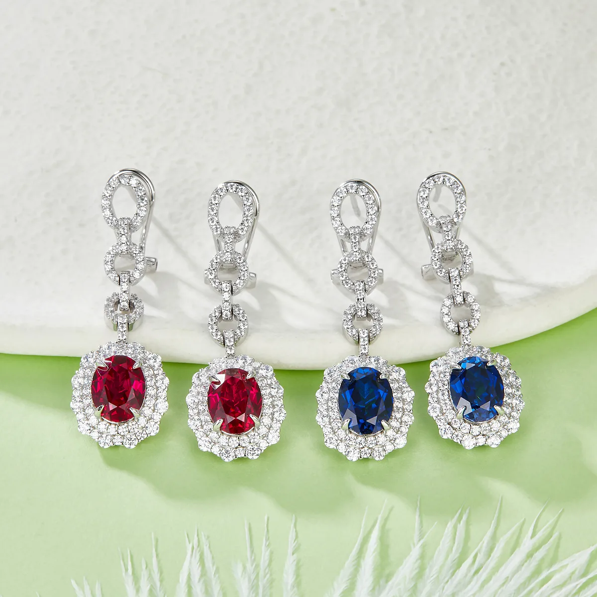 E202320 Oval Lab-Grown Gemstone S925 White-Gold-Plated Silver Earrings 4.0CT