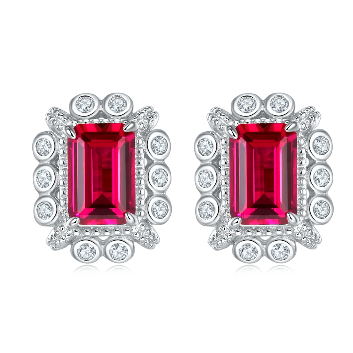 E1628R Rectangle Lab-Grown Ruby S925 White-Gold-Plated Silver Earrings 1.6CT