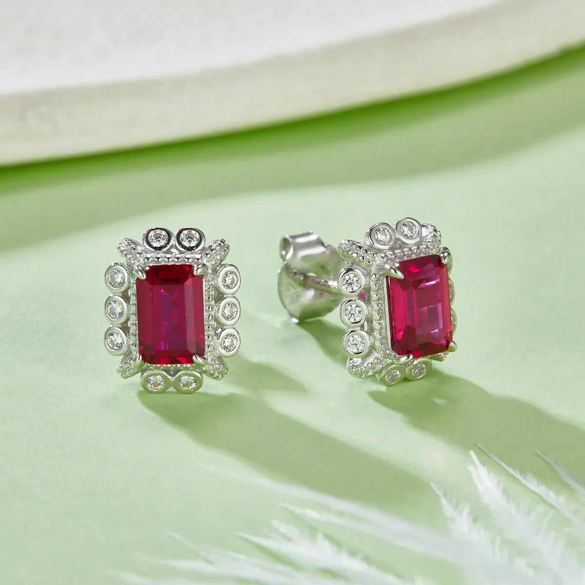 E1628R Rectangle Lab-Grown Ruby S925 White-Gold-Plated Silver Earrings 1.6CT