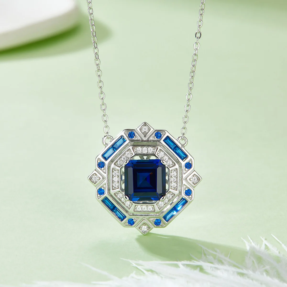 P1636B Princess Lab-Grown Sapphire S925 White-Gold-Plated Silver Necklace 3.18CT