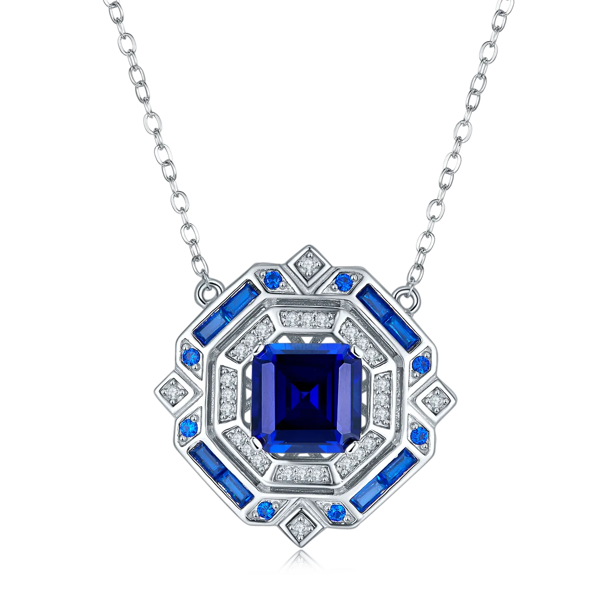 P1636B Princess Lab-Grown Sapphire S925 White-Gold-Plated Silver Necklace 3.18CT