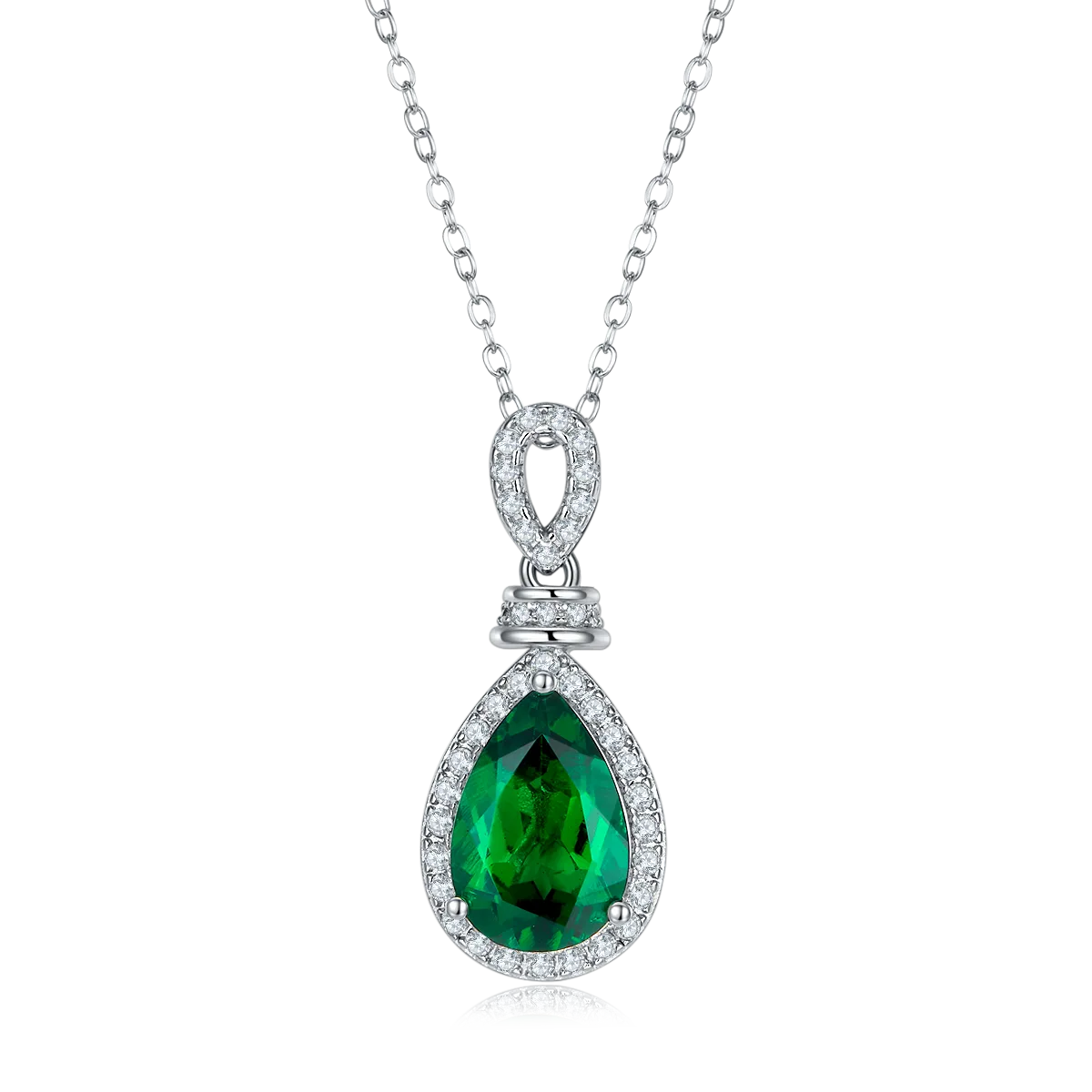P1620 Pear Lab-Grown Emerald S925 White-Gold-Plated Silver Necklace 4.0CT