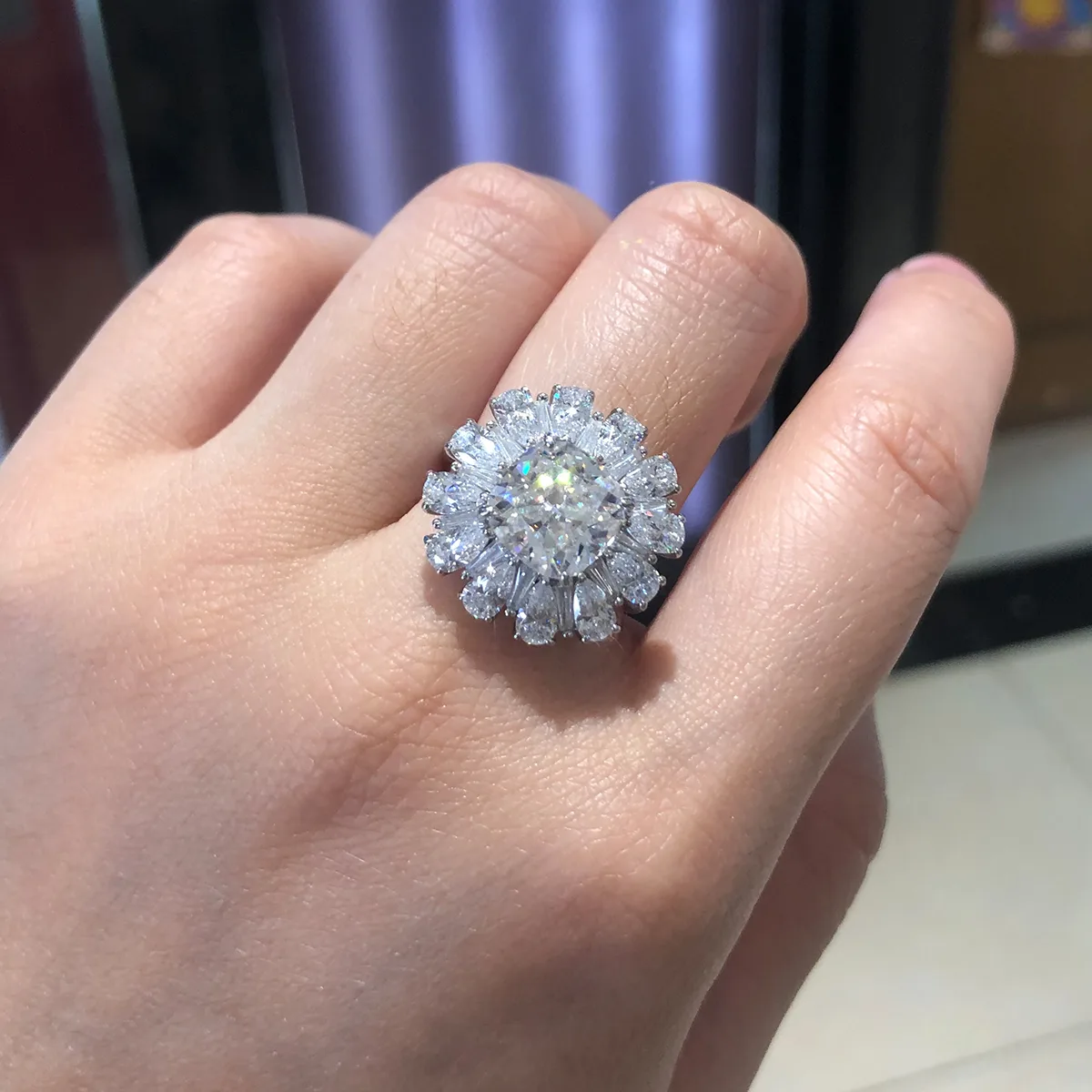 Light Luxury Pear Halo Cushion Plain Band S925 White-Gold-Plated Silver Women's Wedding Ring, Moissanite 3.5ct Center with High-Carbon Diamond Side Stones