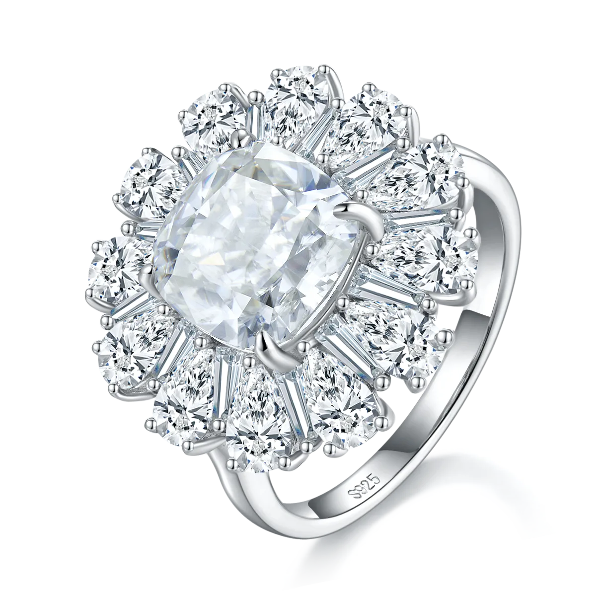 Light Luxury Pear Halo Cushion Plain Band S925 White-Gold-Plated Silver Women's Wedding Ring, Moissanite 3.5ct Center with High-Carbon Diamond Side Stones