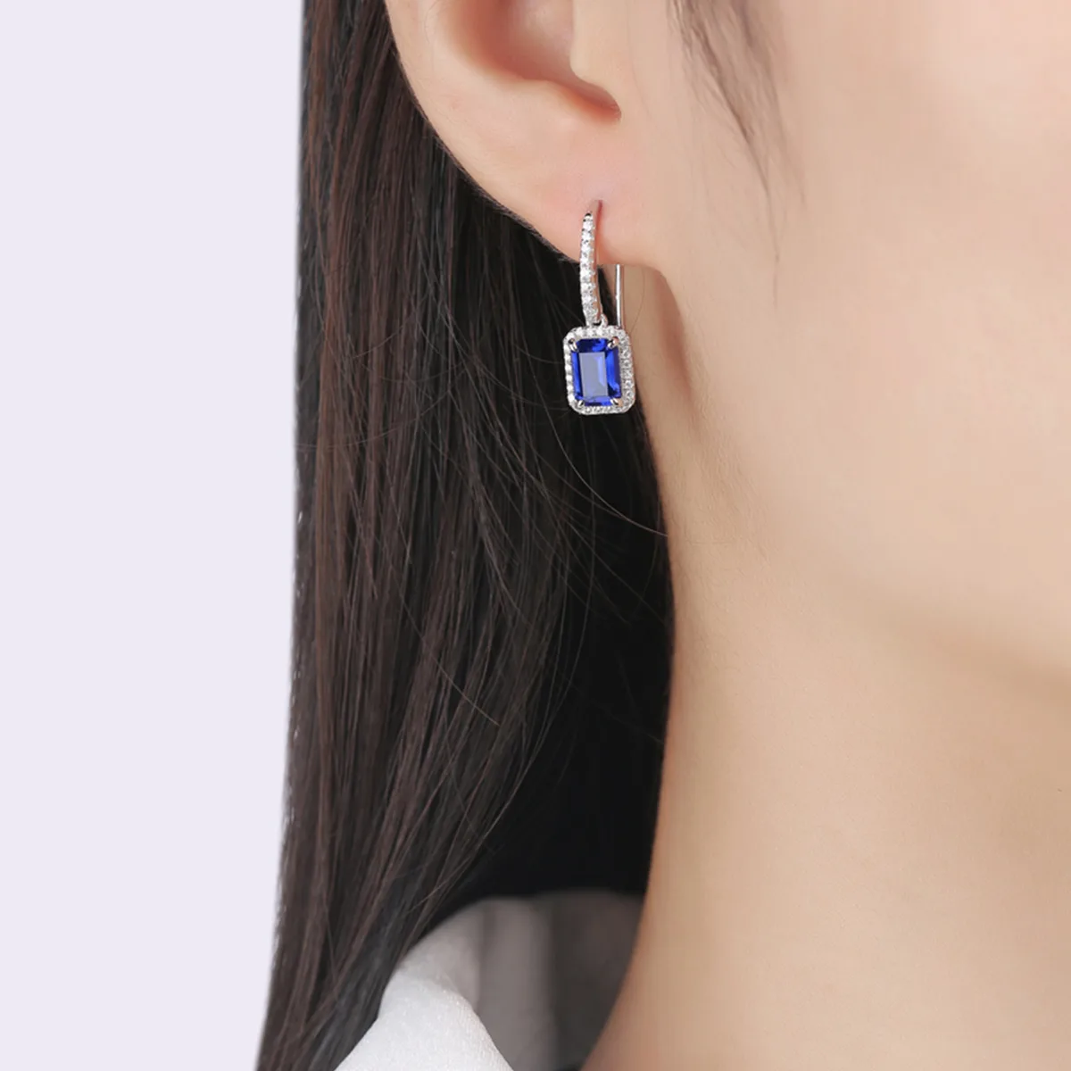 XSE0104 Lab-Grown Gemstone S925 White-Gold-Plated Silver Earrings Rectangle 1.0ct