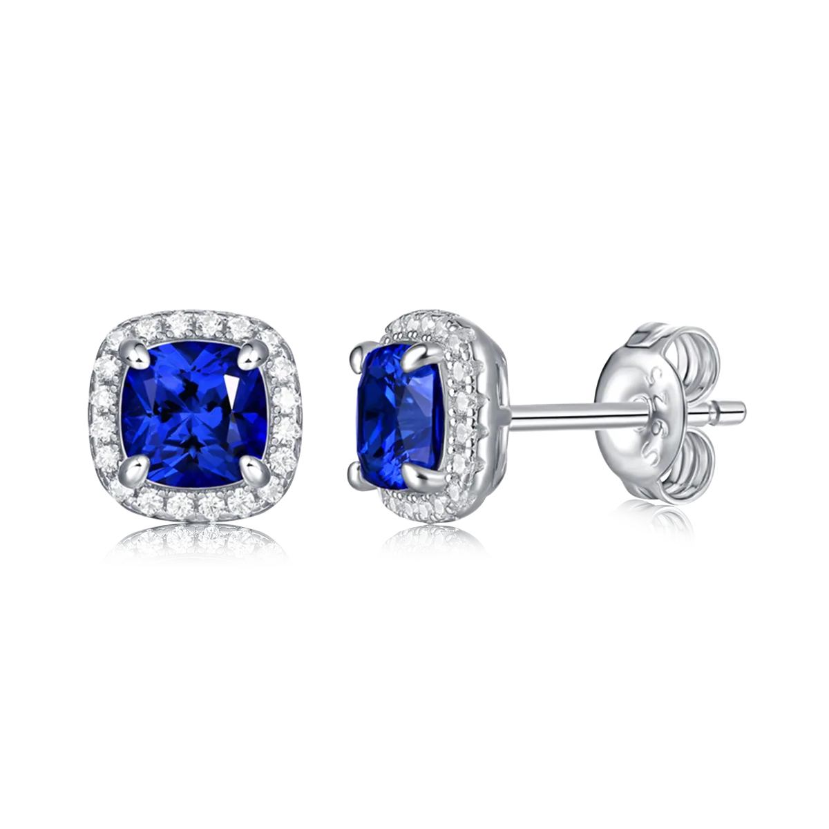XSE0102 Lab-Grown Gemstone S925 White-Gold-Plated Silver Stud Earrings Cushion 1.0ct