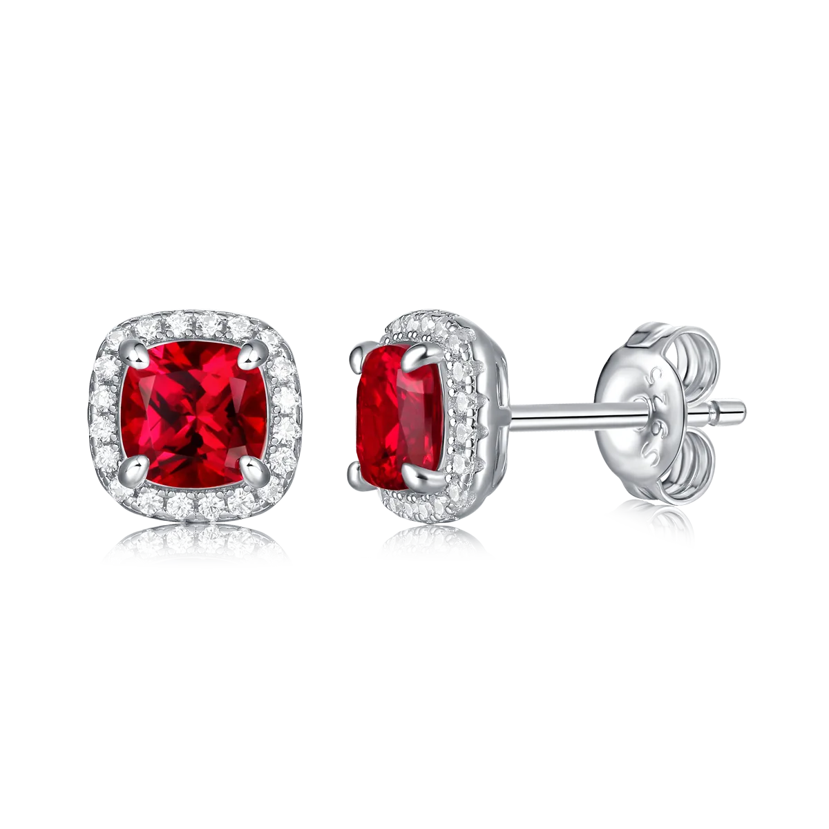 XSE0102 Lab-Grown Gemstone S925 White-Gold-Plated Silver Stud Earrings Cushion 1.0ct