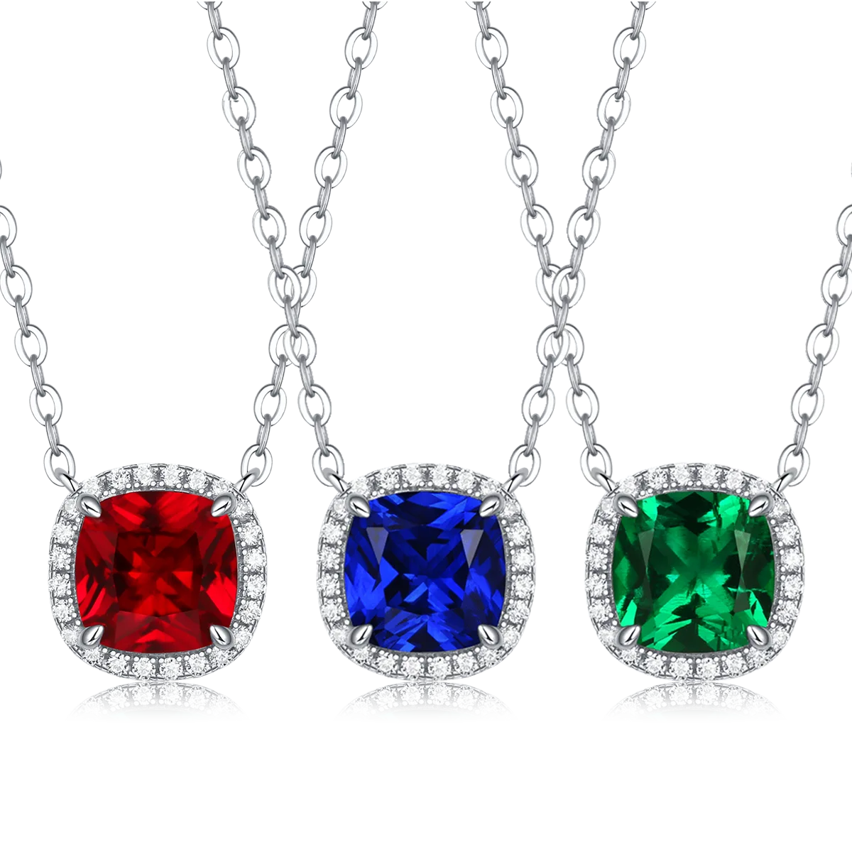 XSN0096 Lab-Grown Gemstone S925 White-Gold-Plated Silver Necklace Cushion 1.5ct