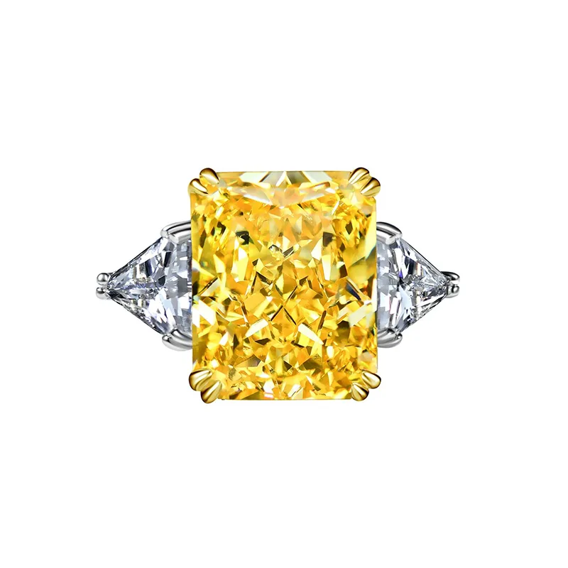 RS02657A2 S925 White-Gold-Plated Silver High-Carbon Diamond Confession Ring Ice-Cut Yellow 10*14mm Square