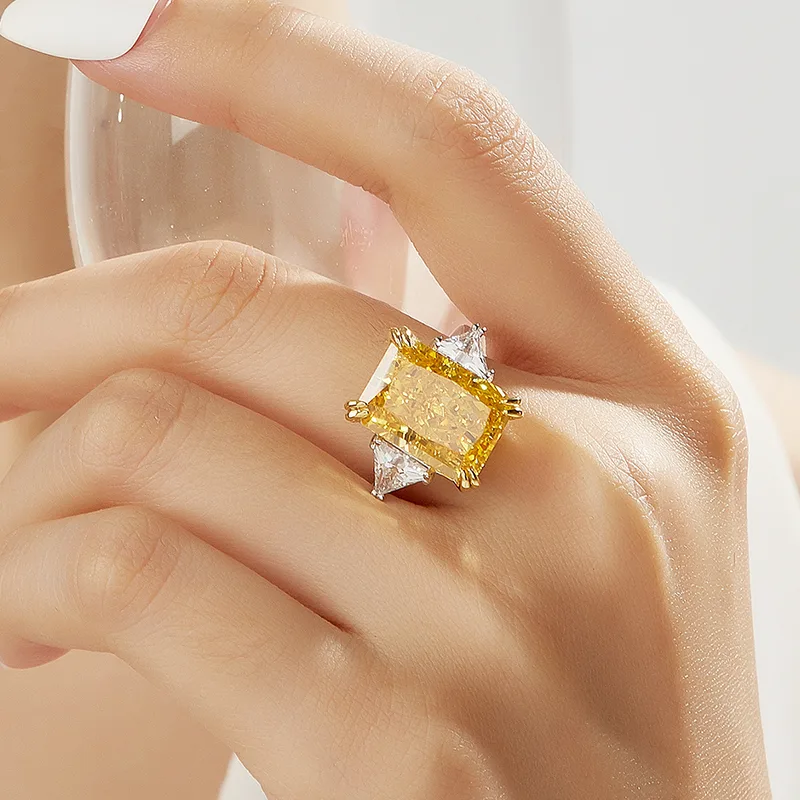 RS02657A2 S925 White-Gold-Plated Silver High-Carbon Diamond Confession Ring Ice-Cut Yellow 10*14mm Square