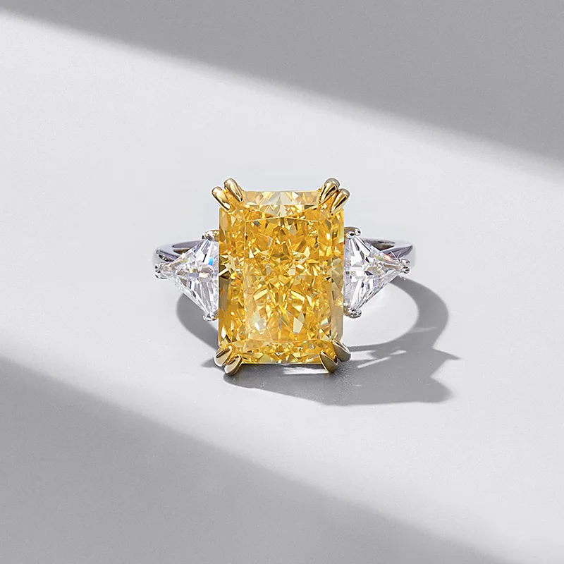 RS02657A2 S925 White-Gold-Plated Silver High-Carbon Diamond Confession Ring Ice-Cut Yellow 10*14mm Square