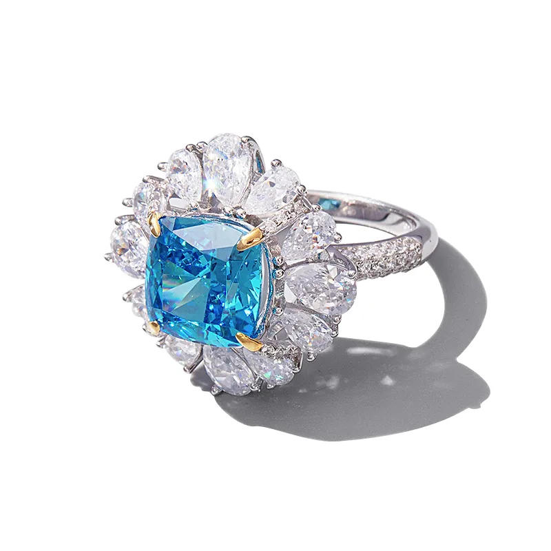 RS02647A1 S925 White-Gold-Plated Silver High-Carbon Diamond Confession Ring Ice-Cut Blue 10*10mm Square