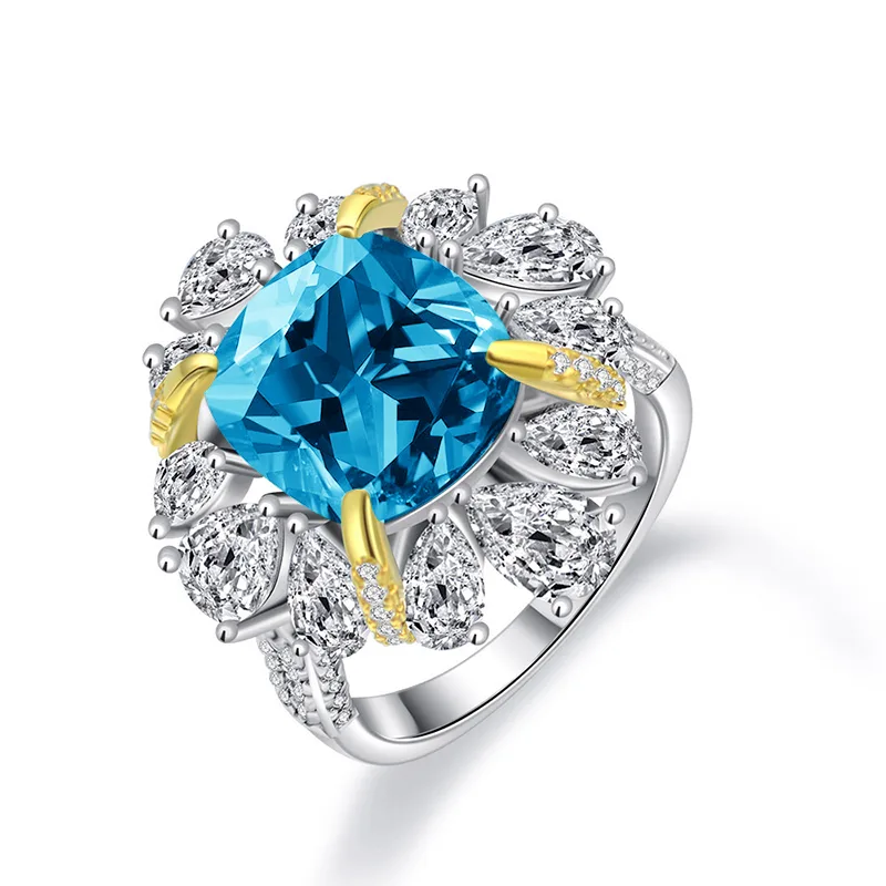 RS02647A1 S925 White-Gold-Plated Silver High-Carbon Diamond Confession Ring Ice-Cut Blue 10*10mm Square