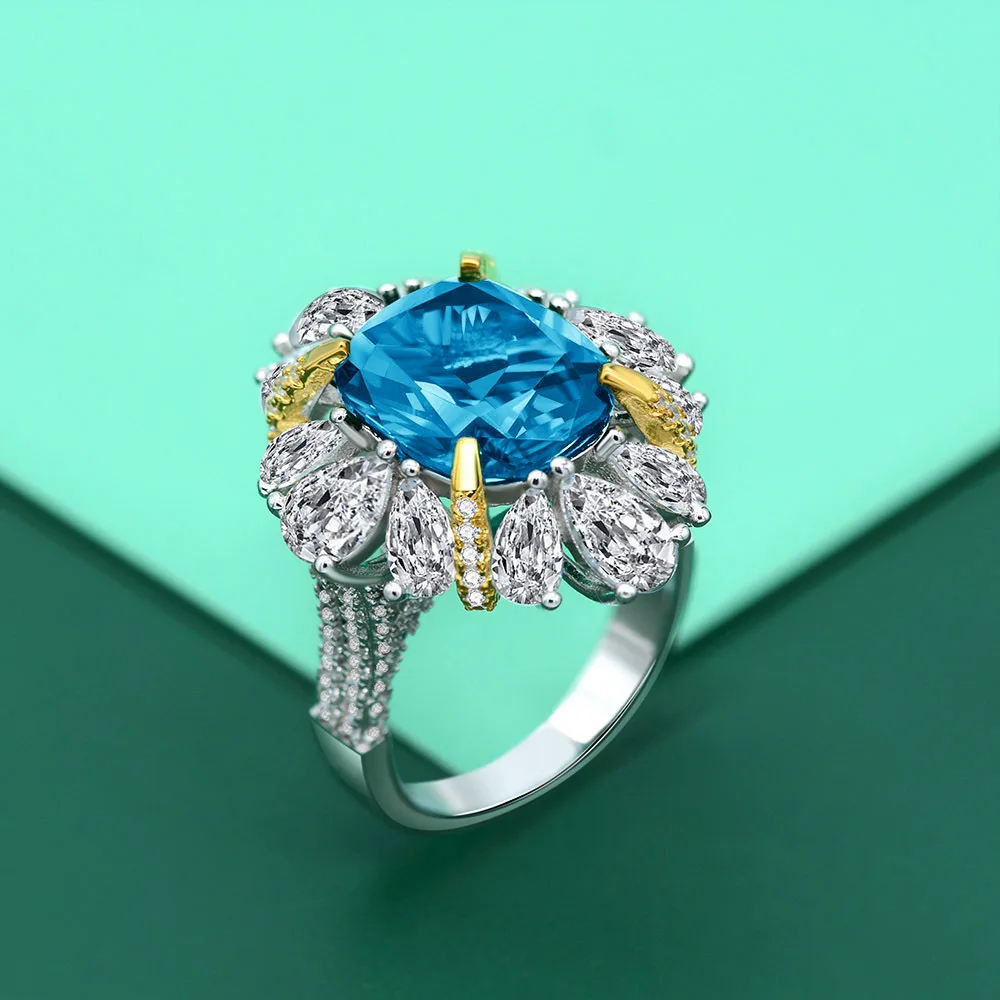 RS02647A1 S925 White-Gold-Plated Silver High-Carbon Diamond Confession Ring Ice-Cut Blue 10*10mm Square