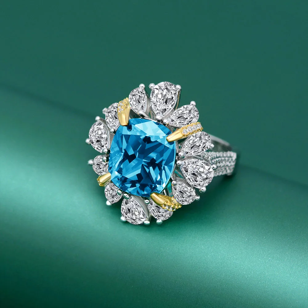 RS02647A1 S925 White-Gold-Plated Silver High-Carbon Diamond Confession Ring Ice-Cut Blue 10*10mm Square