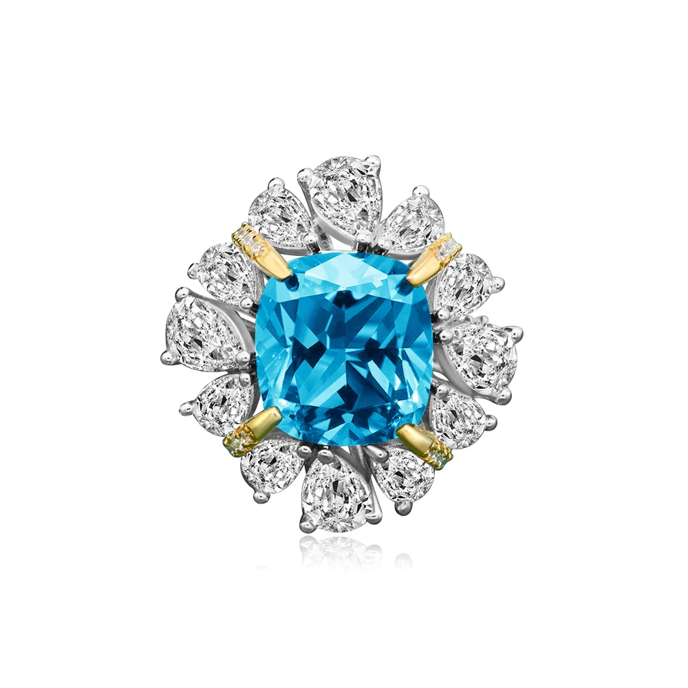 RS02647A1 S925 White-Gold-Plated Silver High-Carbon Diamond Confession Ring Ice-Cut Blue 10*10mm Square