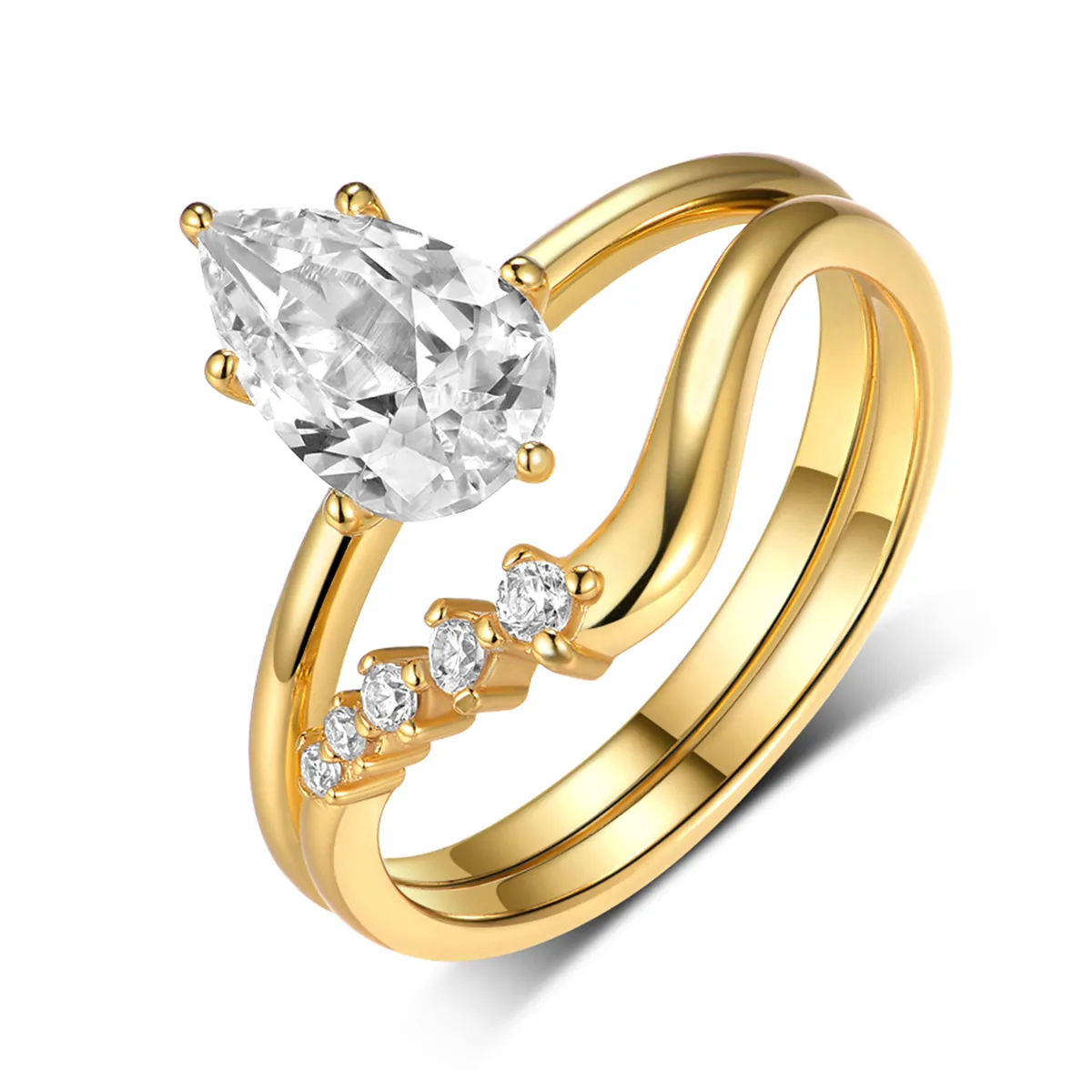 MR0074 Bridal Ring Set S925 Silver 18K Yellow Gold Teardrop Moissanite Women's Ring Set 1.5CT
