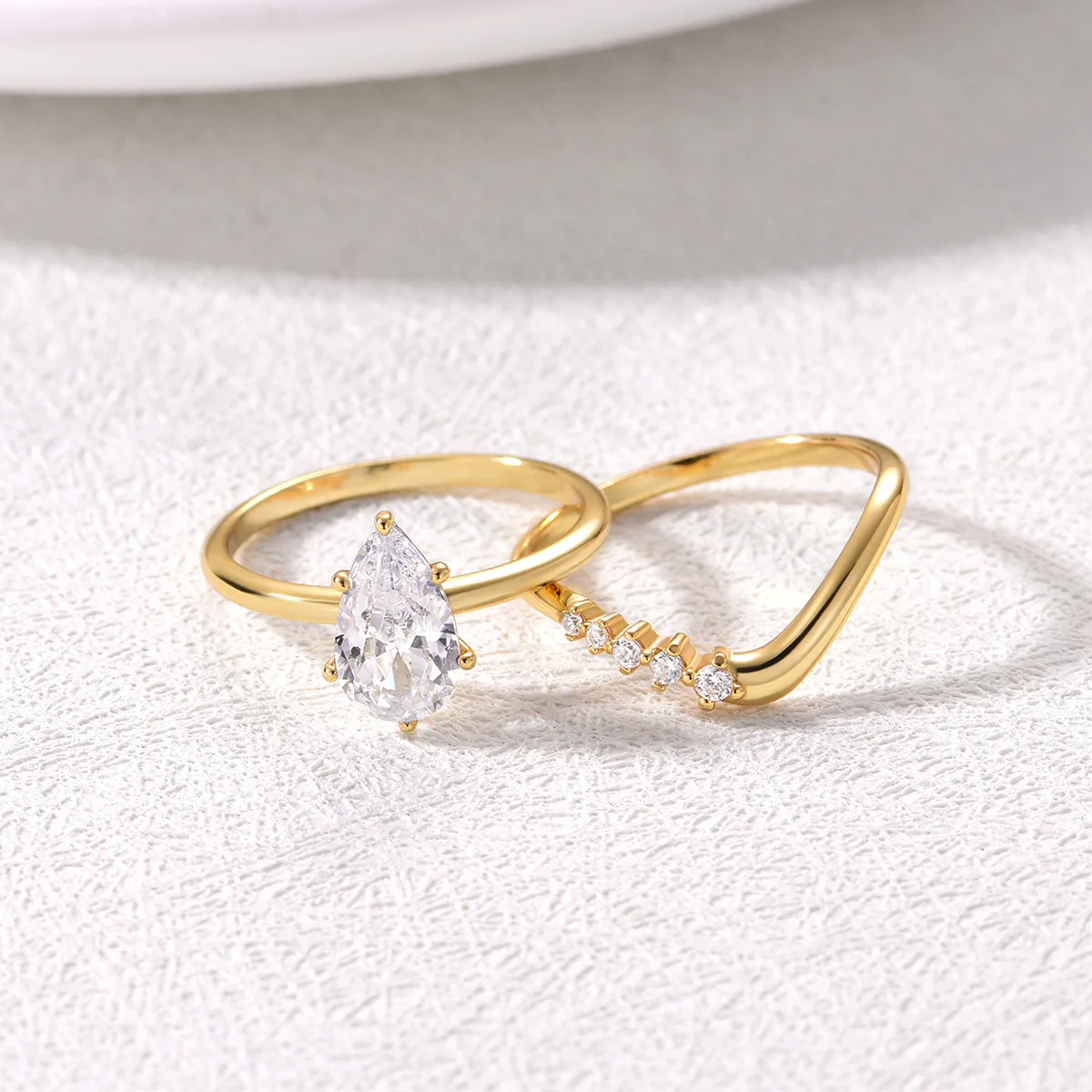 MR0074 Bridal Ring Set S925 Silver 18K Yellow Gold Teardrop Moissanite Women's Ring Set 1.5CT