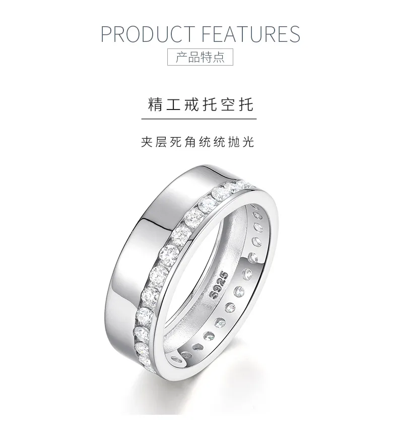 MR0066 S925 Silver 18K White Gold Minimalist Round Ring Moissanite Couple Bands 