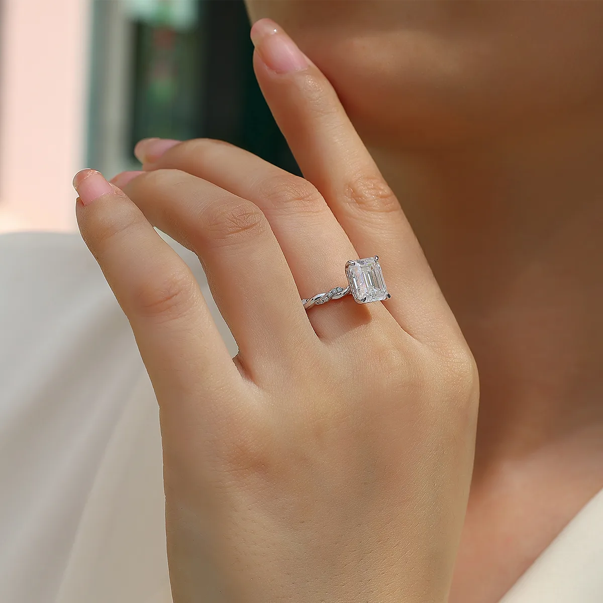R15310 S925 Silver 18K White Gold Anniversary Ring Women's Ring Emerald Cut Moissanite 3.0CT
