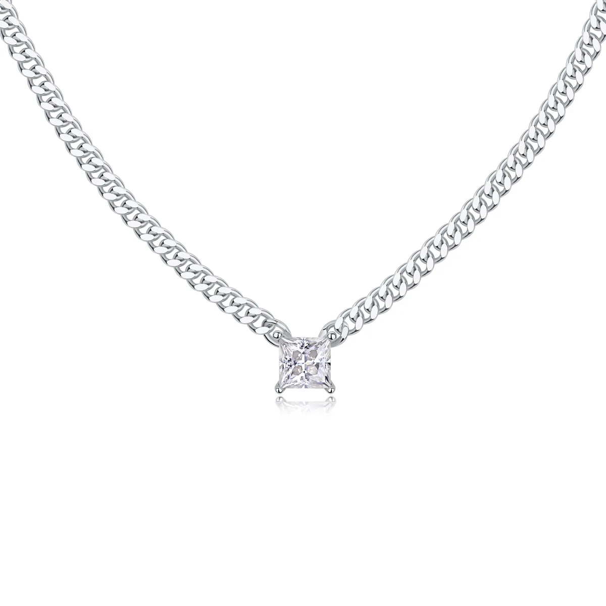 N13139 Silver 18K White Gold Princess Moissanite Cuban Necklace 1.0CT