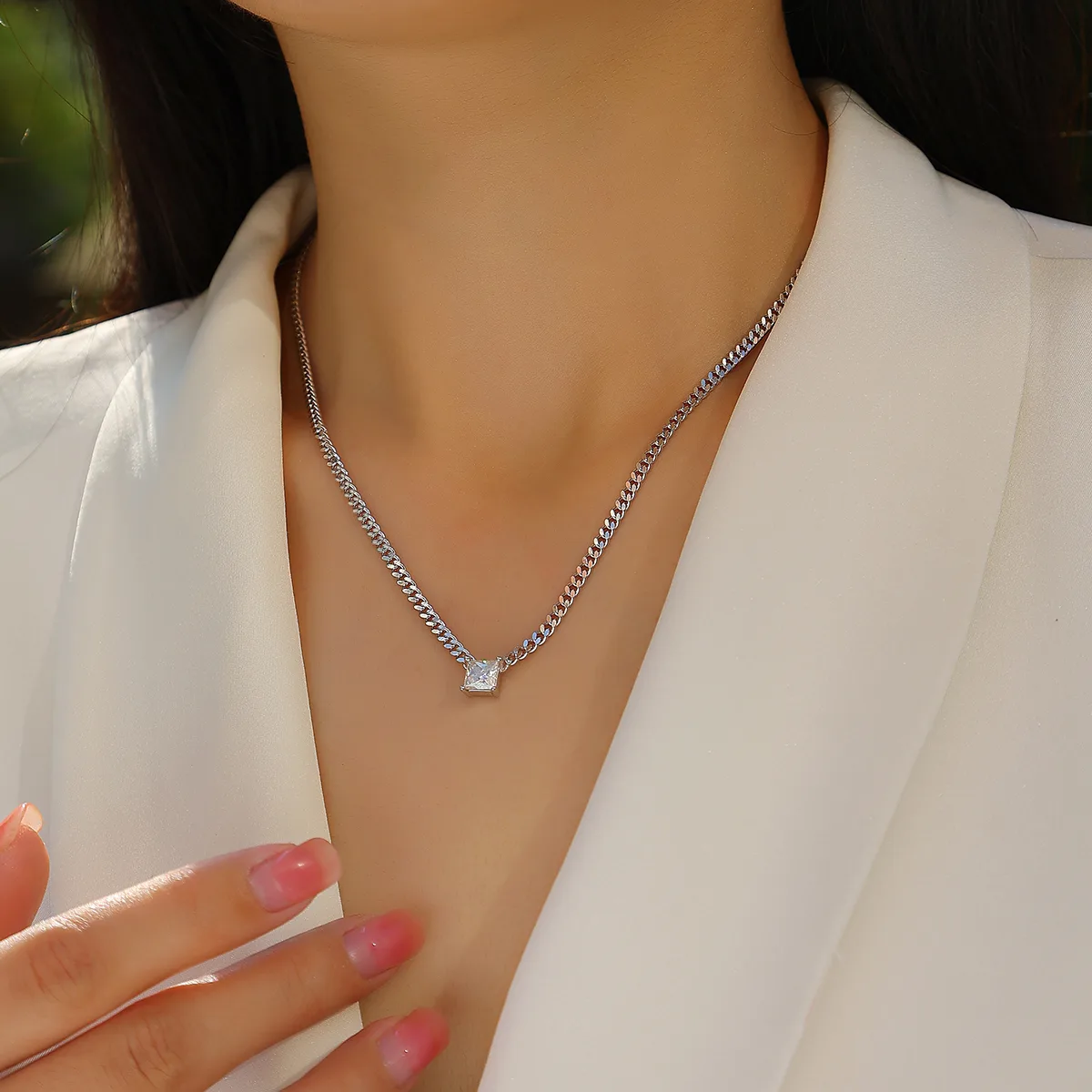 N13139 Silver 18K White Gold Princess Moissanite Cuban Necklace 1.0CT