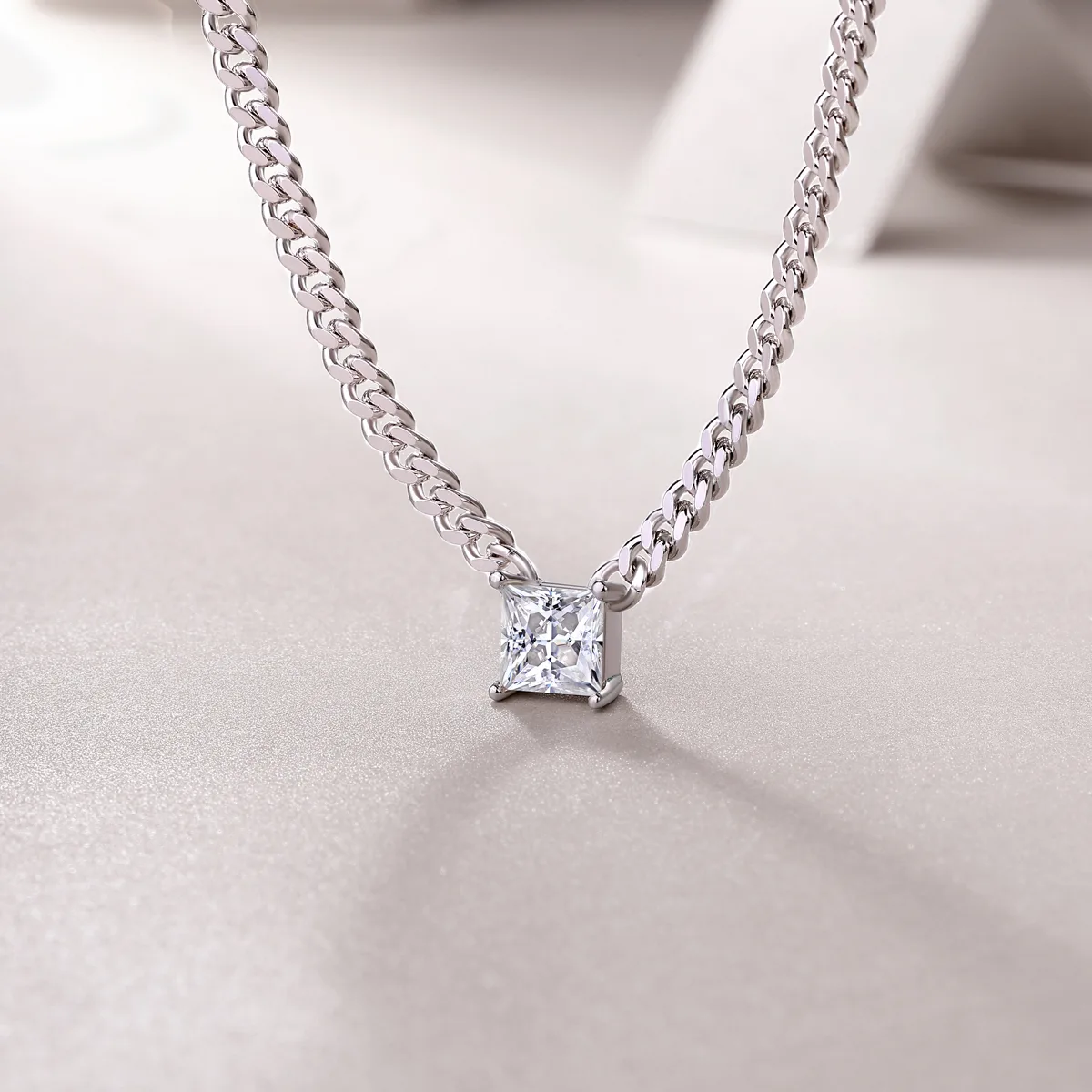 N13139 Silver 18K White Gold Princess Moissanite Cuban Necklace 1.0CT