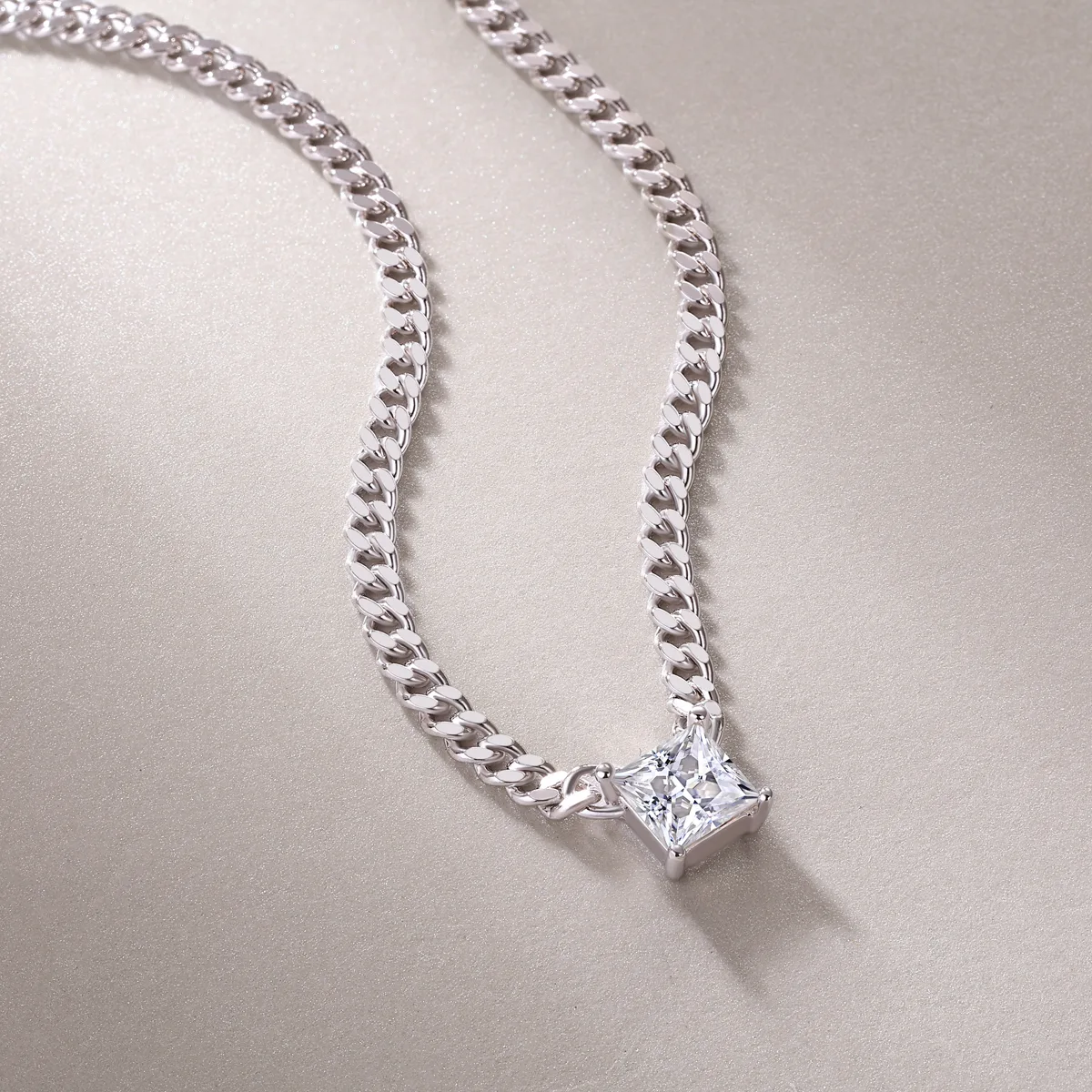 N13139 Silver 18K White Gold Princess Moissanite Cuban Necklace 1.0CT