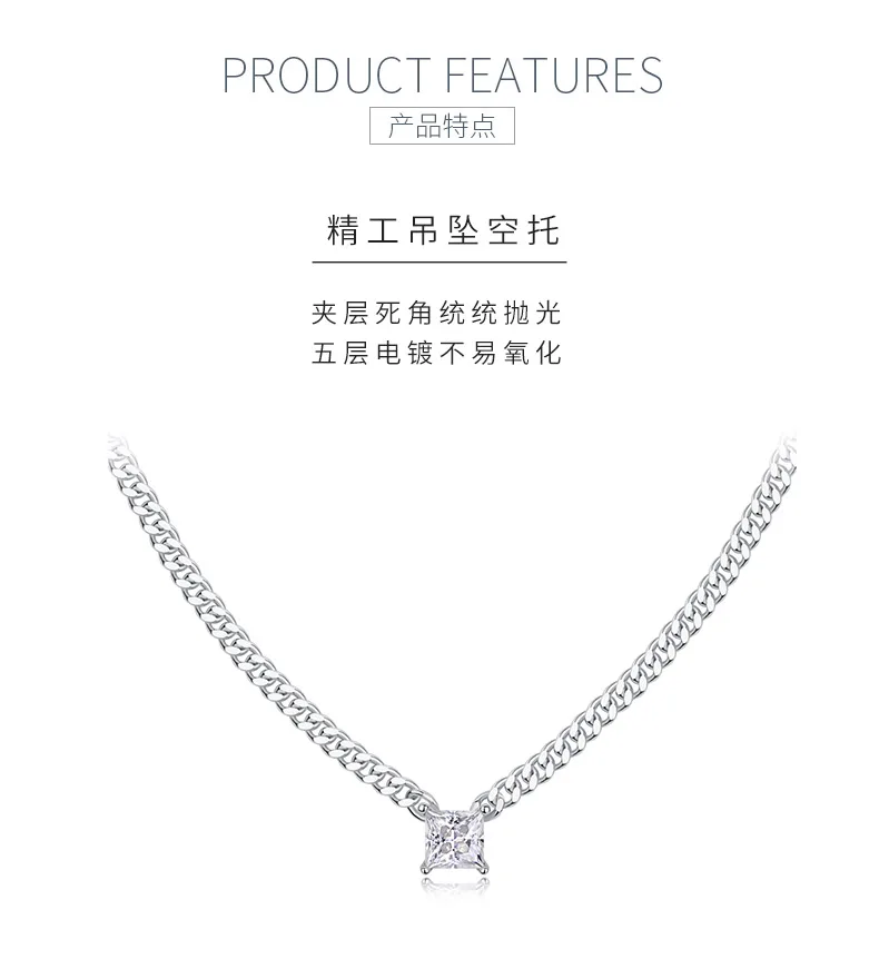 N13139 Silver 18K White Gold Princess Moissanite Cuban Necklace 1.0CT detail 5