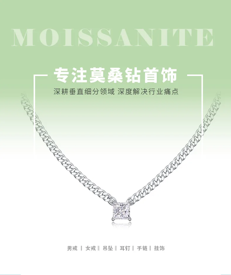 N13139 Silver 18K White Gold Princess Moissanite Cuban Necklace 1.0CT detail 1