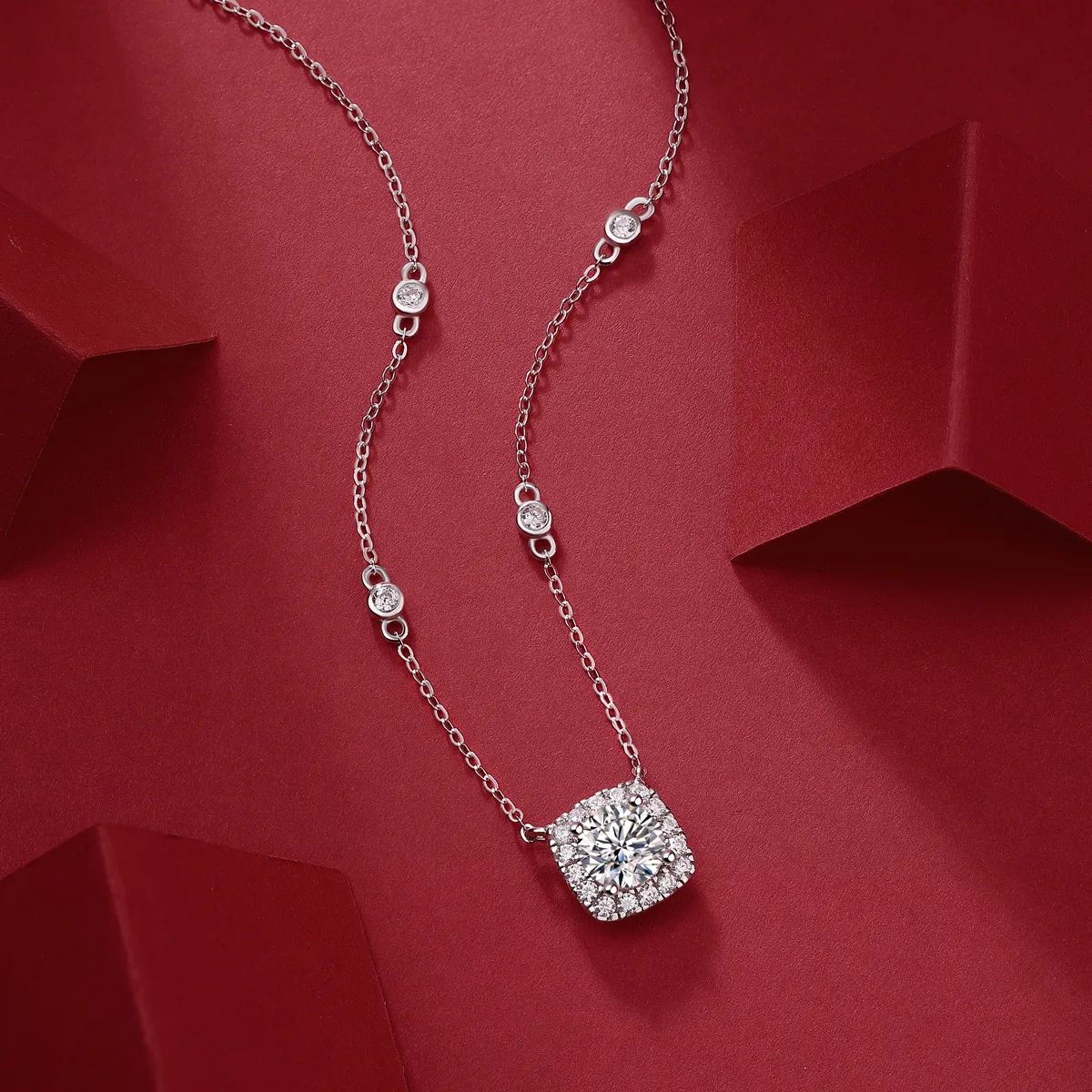 N13030 Cushion Silver 18K White Gold Moissanite Necklace 1.0CT