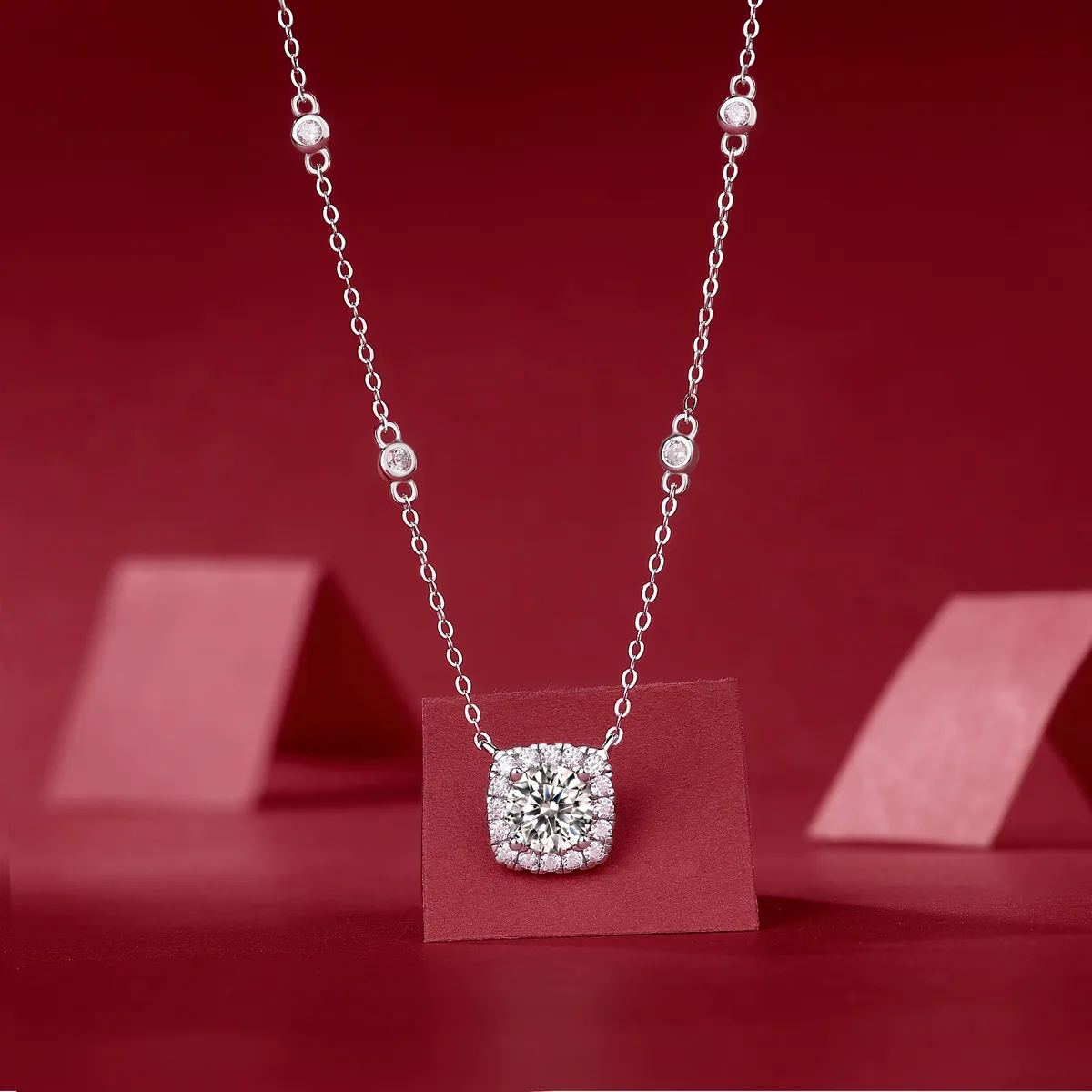 N13030 Cushion Silver 18K White Gold Moissanite Necklace 1.0CT