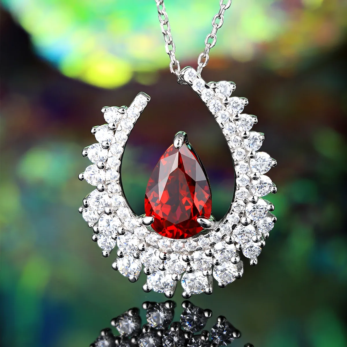 N509 S925 Silver 18K White Gold Pear Lab-Grown Gemstone Necklace 7*10.5mm/2.89ct