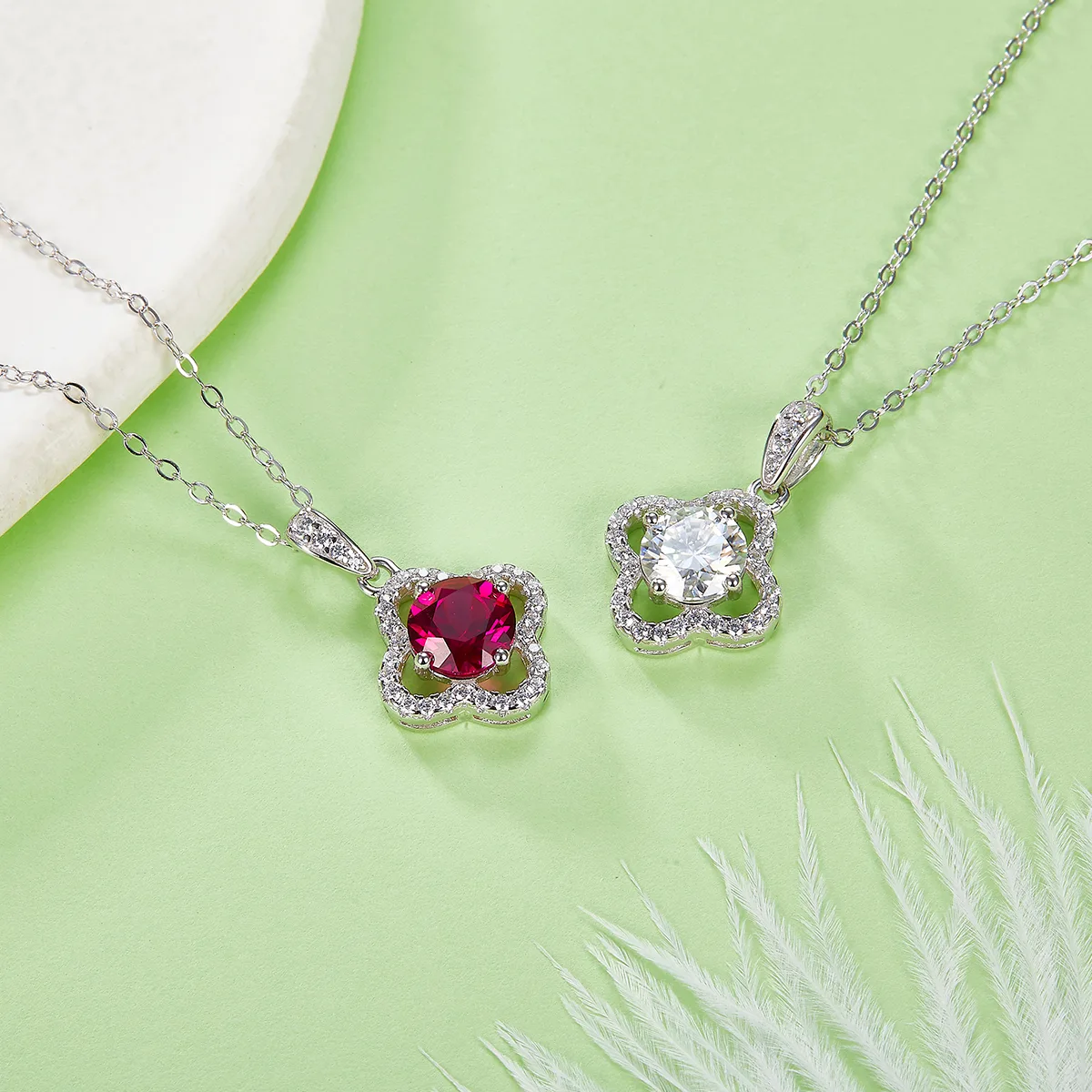 P1192 S925 Silver 18K White Gold Round Moissanite/ Lab-Grown Ruby Necklace 1.0CT