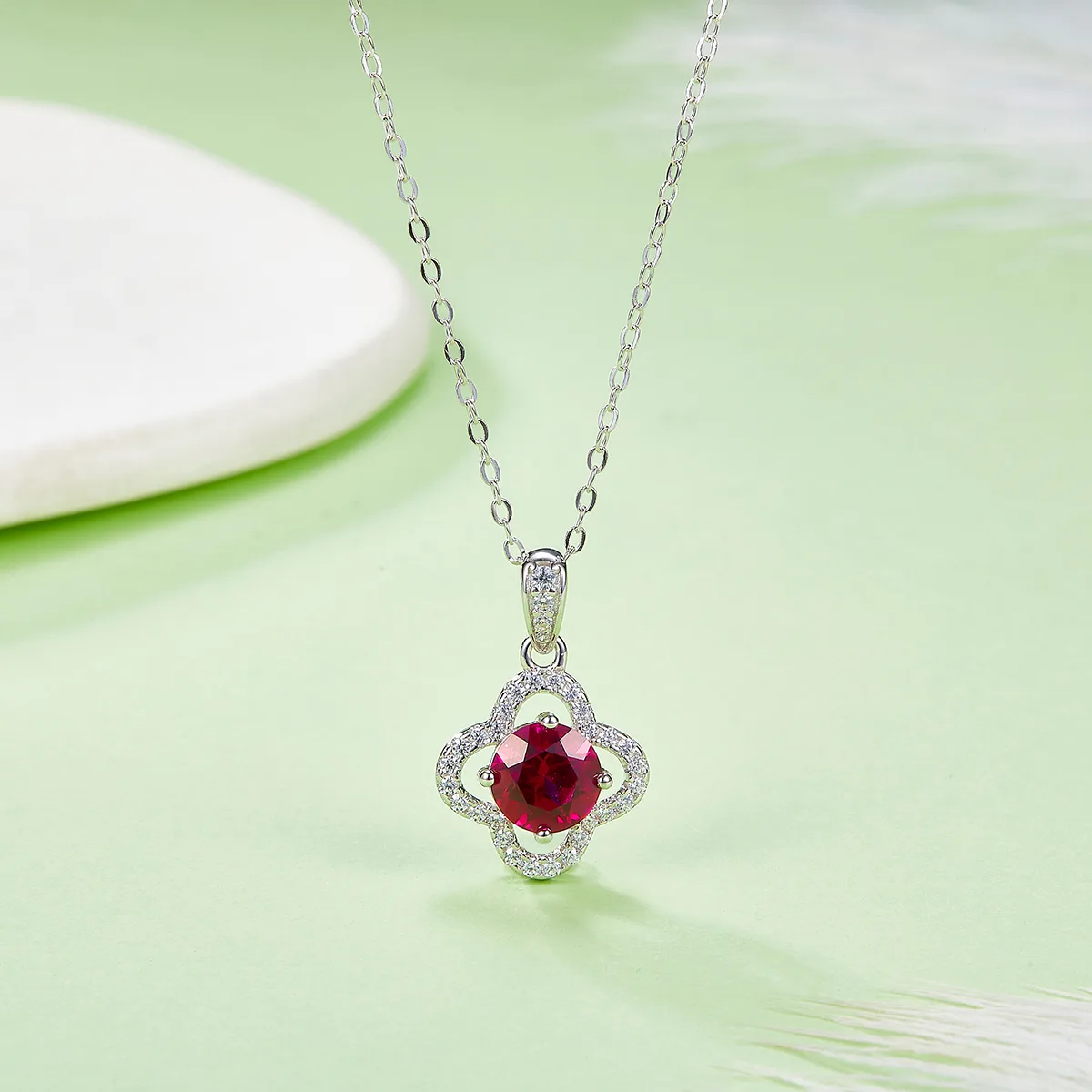 P1192 S925 Silver 18K White Gold Round Moissanite/ Lab-Grown Ruby Necklace 1.0CT