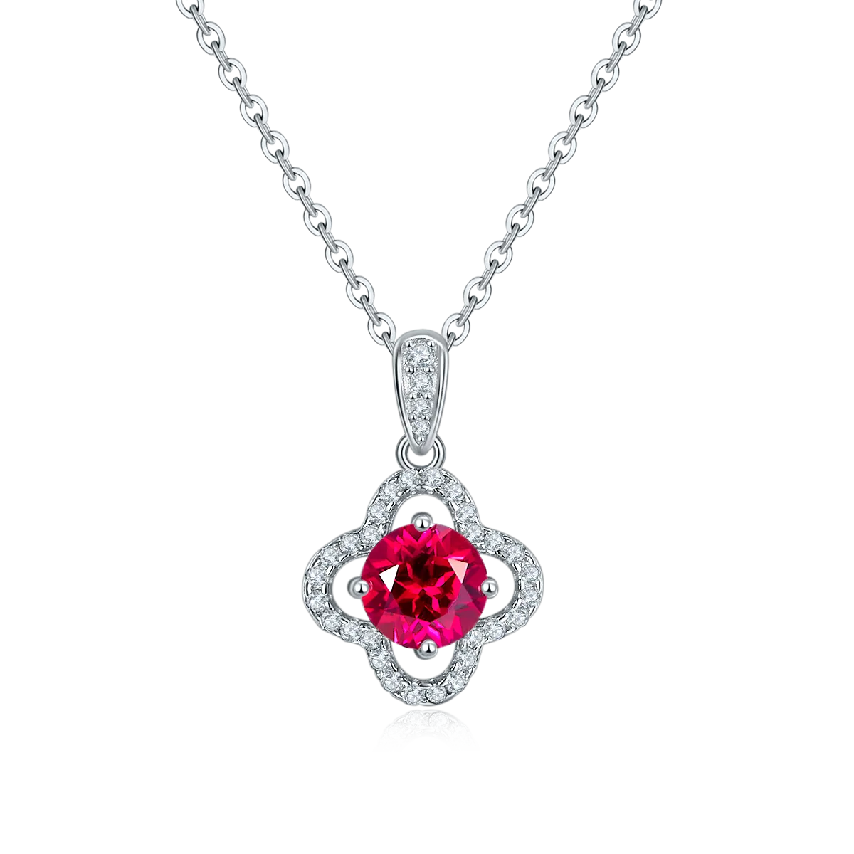 P1192 S925 Silver 18K White Gold Round Moissanite/ Lab-Grown Ruby Necklace 1.0CT