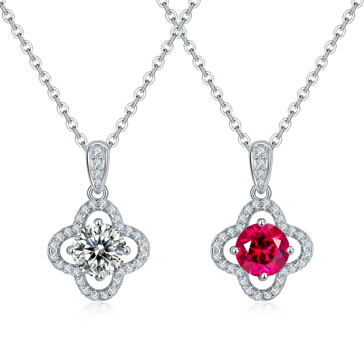 P1192 S925 Silver 18K White Gold Round Moissanite/ Lab-Grown Ruby Necklace 1.0CT