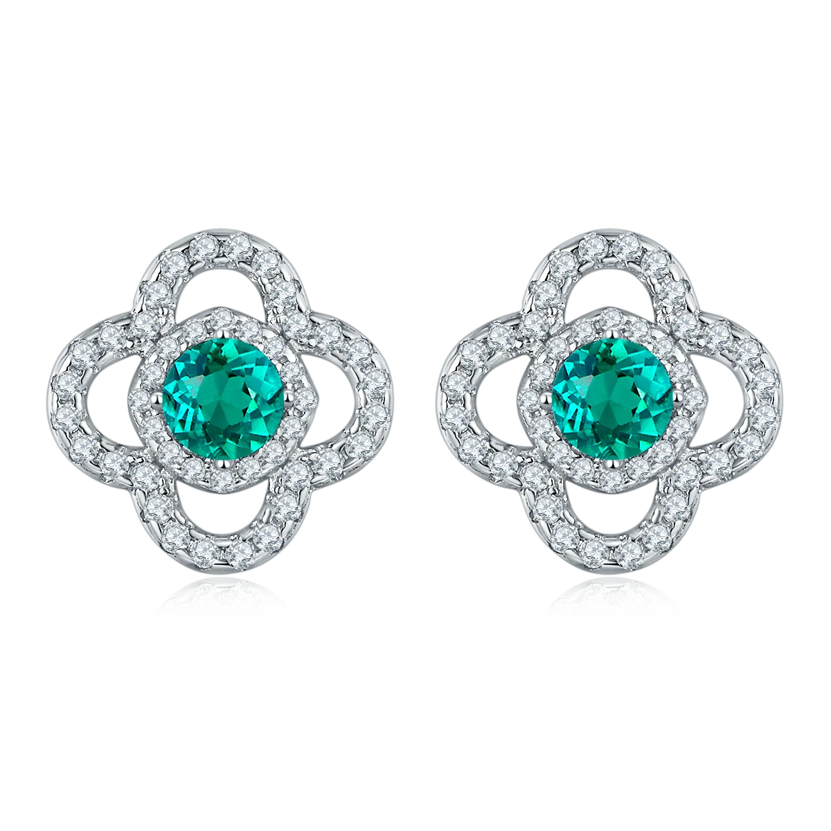E0002 925 Silver 18K White Gold Round Emerald/ Moissanite Four-Leaf Clover Stud Earrings