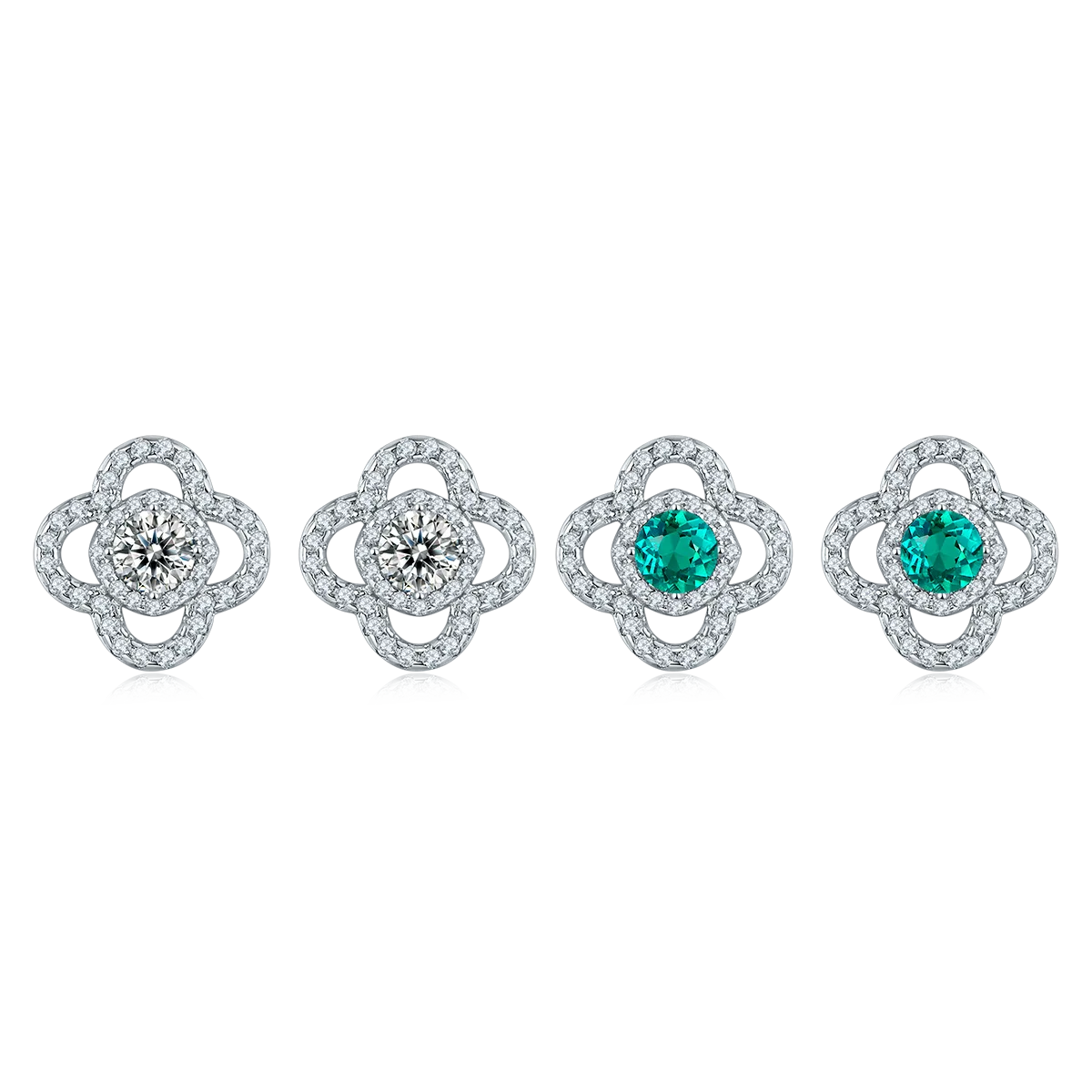 E0002 925 Silver 18K White Gold Round Emerald/ Moissanite Four-Leaf Clover Stud Earrings