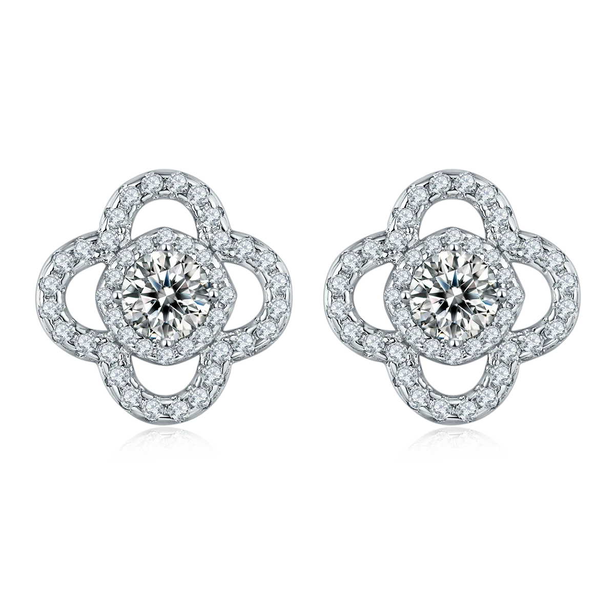 E0002 925 Silver 18K White Gold Round Emerald/ Moissanite Four-Leaf Clover Stud Earrings