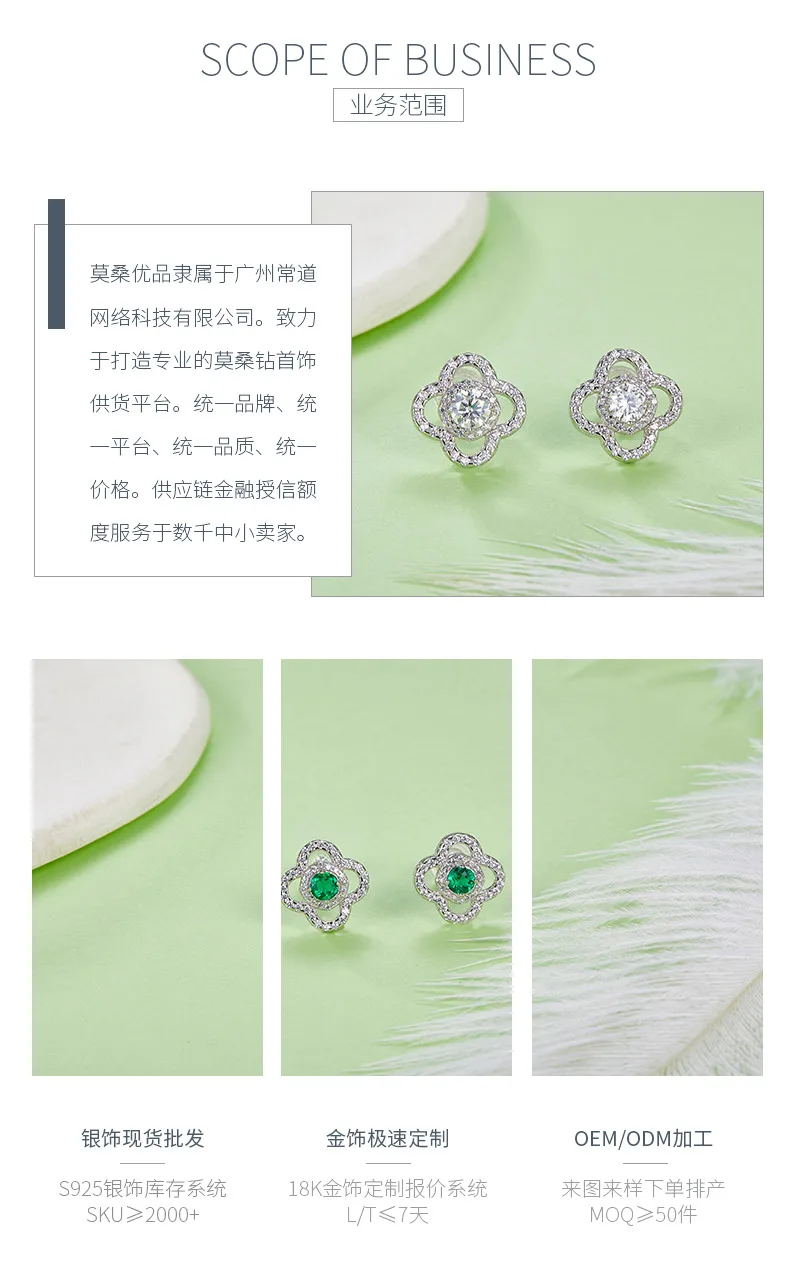 E0002 925 Silver 18K White Gold Round Emerald/ Moissanite Four-Leaf Clover Stud 