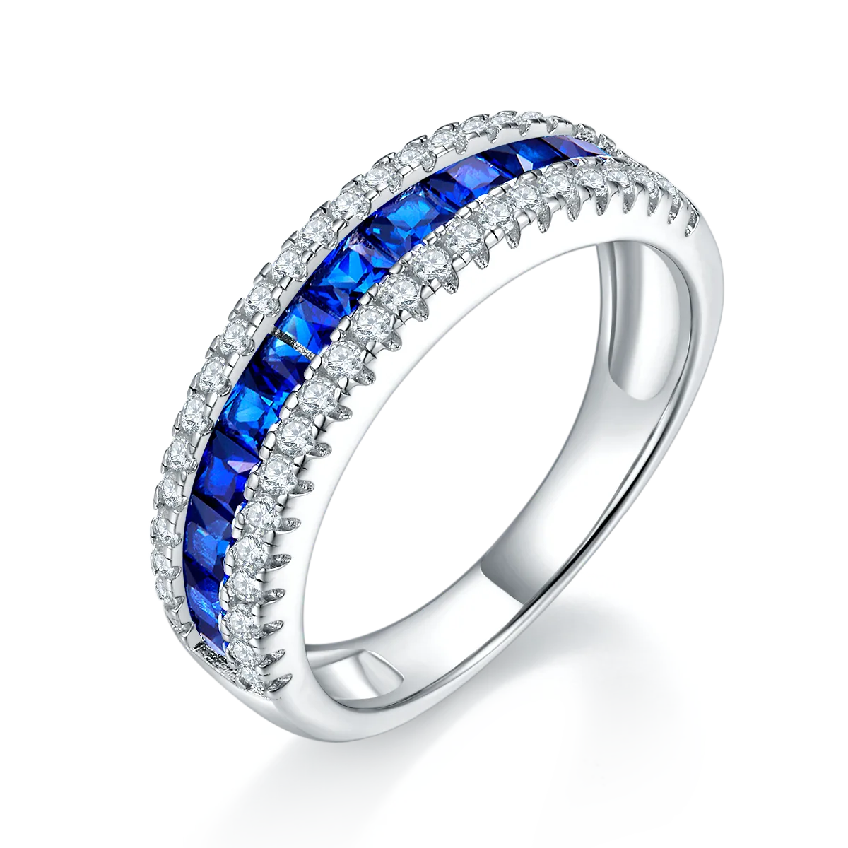 R1074 S925 Silver 18K White Gold Lab-Grown Gemstone Wedding Band
